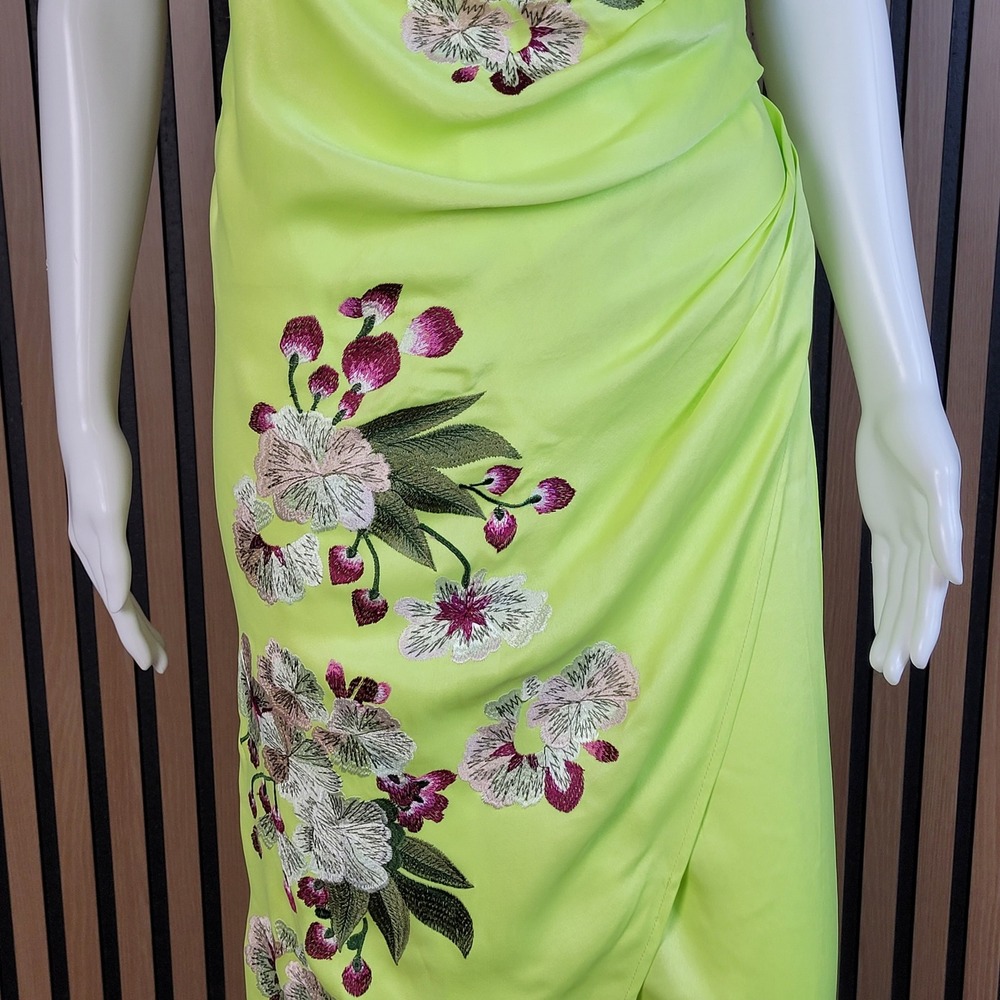 ASOS EDITION Wrap Midi Dress Floral Embroidered Lime Green Satin Draped 4 NWT - Picture 6 of 14